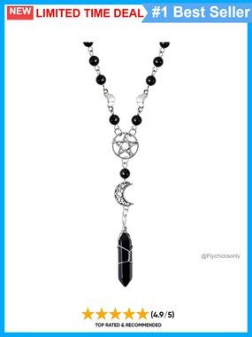 Gothic Crescent Moon Pentagram Crystal Necklace Stainless Steel 24" Chain Choker